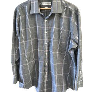 Geoffrey Beene Button-Down Shirt: Gray Plaid Long Sleeves, Size 16-1/2 32-33